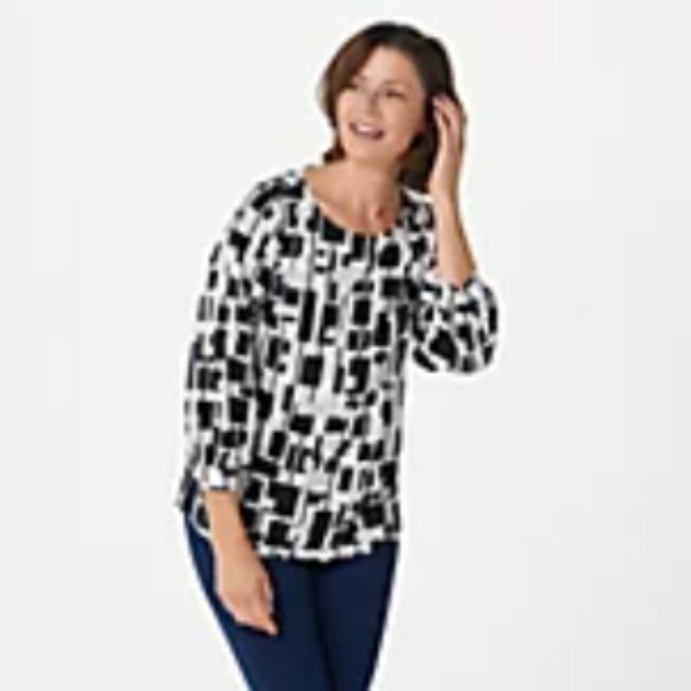 Susan Graver Printed Liquid Knit 3/4 Sleeve Top Black Stone XL - Picture 8 of 8